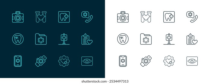 Set line Emergency call 911, Smart watch with heart, Location hospital, Heart cross, Medical health record folder, Dental clinic location, First aid kit and Test tube blood icon. Vector
