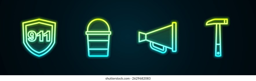 Set line Emergency call 911, Fire bucket, Megaphone and Firefighter axe. Glowing neon icon. Vector