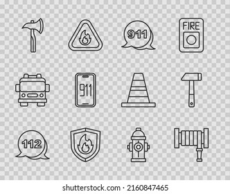 Set line Emergency call, Fire hose reel, 911, protection shield, Firefighter axe, Mobile emergency, hydrant and Hammer icon. Vector