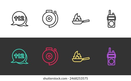 Set line Emergency call, Ringing alarm bell, Pan with fire and Walkie talkie on black and white. Vector