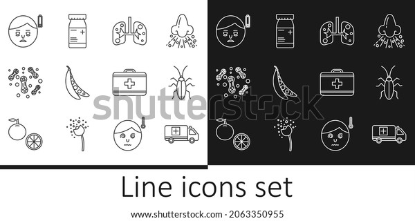 Set line Emergency car, Cockroach, Lungs, Kidney
beans, Bacteria, Fatigue, First aid kit and Medicine bottle and
pills icon. Vector