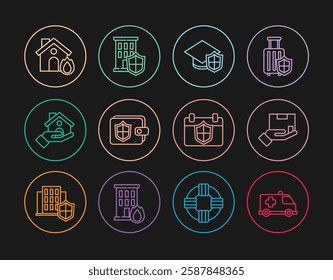 Set line Emergency car, Delivery insurance, Graduation cap with shield, Wallet, House, Fire burning house, Calendar and  icon. Vector