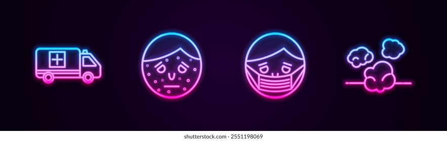 Set line Coche de emergencia, Cara con psoriasis o eccema, en máscara protectora y Polvo. Icono de neón brillante. Vector