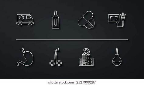 Coche de emergencia, estómago humano, ultrasonido, edificio del hospital médico, tijeras, medicina del tubo de la crema del ungüento, icono de la tableta de la píldora del enema y de la medicina. Vector