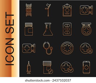Set line Emergency mobile phone call to hospital, Hospital signboard, Medical clipboard with clinical record, Test tube and flask, Medicine bottle, DNA symbol and Pills blister pack icon. Vector