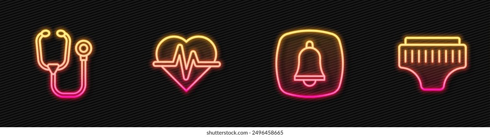 Set line Emergency phone call, Stethoscope, Heart rate and Adult diaper. Glowing neon icon. Vector