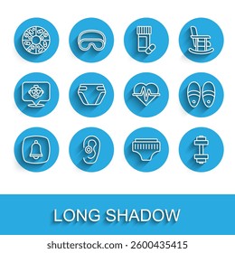 Set line Emergency phone call, Hearing aid, Vitamin pill, Adult diaper, Dumbbell, Slippers and Heart rate icon. Vector