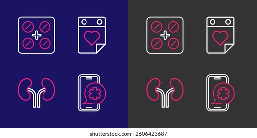 Set line Emergency phone call, Human kidneys, Doctor appointment and Pills blister pack icon. Vector