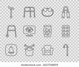 Set line Emergency phone call, Walking stick cane, Eyeglasses, Knitting, Grandfather, Armchair and Pills blister pack icon. Vector