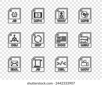 Set line EML file document, MOV, WAV, JS, GIF, XSL and M3U icon. Vector