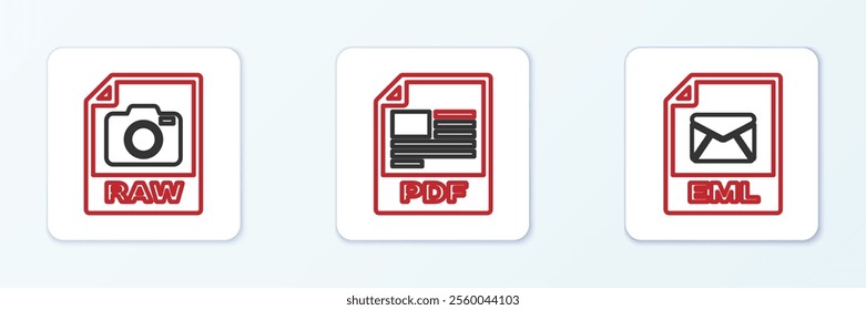 Set line EML file document, RAW and PDF icon. Vector