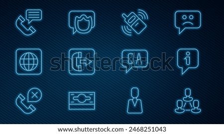 Set line Employee hierarchy, Information, Mobile phone, Outgoing call, Worldwide, Telephone conversation, Question and Answer and Speech bubble chat icon. Vector