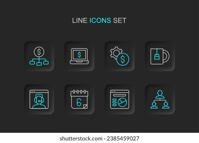 Set line Employee hierarchy, Pie chart infographic, Calendar, Telephone 24 hours support, Cup of tea, Gear with dollar symbol, Laptop and Hierarchy icon. Vector