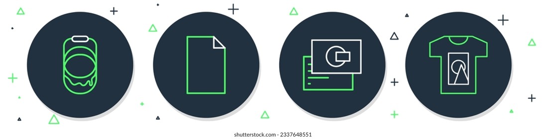 Set line Empty document, Business card, Paint bucket and T-shirt icon. Vector