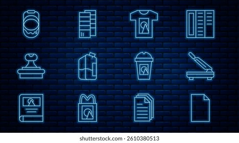 Set line Empty document, Paper cutter, T-shirt, Printer ink bottle, Stamp, Paint bucket, Coffee cup to go and Pantone icon. Vector