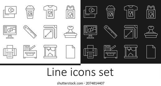 Set line Empty document, Stamp, T-shirt, Ruler, Computer monitor screen, Business card, Paper size and Coffee cup go icon. Vector