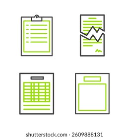 Set line Empty form, Report file document, Torn contract and Clipboard with checklist icon. Vector