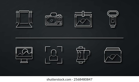 Set line Empty photo studio, Photo retouching, camera flash, Camera film roll cartridge, focus frame line,  and  icon. Vector