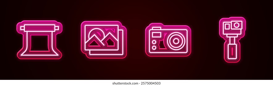 Set line Empty photo studio, Photo frame, camera and Action. Glowing neon icon. Vector
