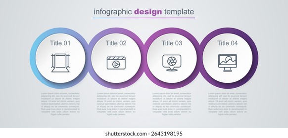 Set line Empty photo studio, Movie clapper, Camera shutter and Photo retouching. Business infographic template. Vector