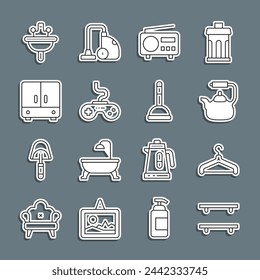 Set line Empty wooden shelves, Hanger wardrobe, Kettle with handle, Radio, Gamepad, Wardrobe, Washbasin and Rubber plunger icon. Vector