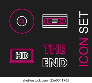 Set line The End handwritten inscription, Laptop screen with HD video technology, VHS cassette tape and CD or DVD disk icon. Vector