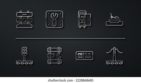 Set line End of railway tracks, Train traffic light, Plate with food, QR code ticket train, Broken rails on, Repair, Railway and Toilet the car icon. Vector