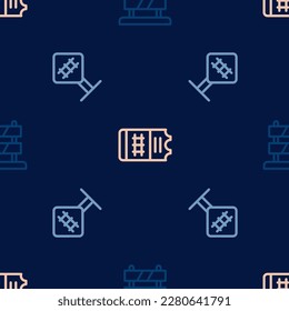 Set line End of railway tracks, Railroad crossing and Train ticket on seamless pattern. Vector