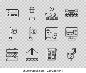 Fijar la línea Fin de las vías ferroviarias, Freno de emergencia, Sala de espera, Ferrocarril, Indicador de tráfico por carretera, Ubicación de cafetería y restaurante, Oficina de noticias y entradas para comprar el icono de los billetes. Vector