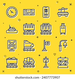 Set line End of railway tracks, Train station bell, Suitcase, E-ticket train, Passenger cars, Plate with food, clock and Restaurant icon. Vector