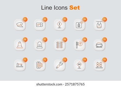 Set line End of railway tracks, Railroad crossing, Wrench spanner, Online ticket booking, Railway, railroad, Coal train wagon, Cafe and restaurant location and barrier icon. Vector