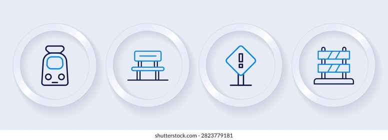 Set line End of railway tracks, Exclamation mark in square, Waiting hall and Train and icon. Vector