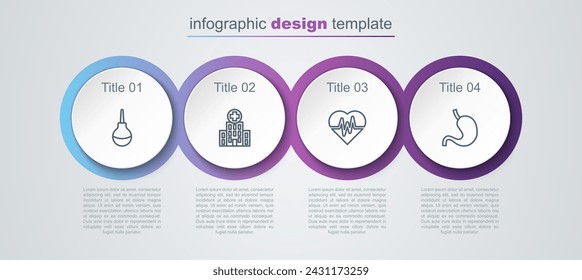 Set line Enema, Medical hospital building, Heart rate and Human stomach. Business infographic template. Vector