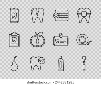 Set line Enema pear, Dental explorer scaler para dientes, Modelo de dentadura, Concepto de blanqueamiento dental, Cuidado dental en línea, Apple, Tubo de pasta dental e icono de hilo dental. Vector