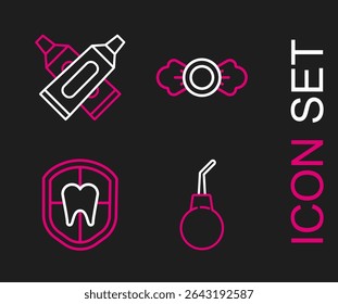 Set line Enema pear, Dental protection, Candy and Crossed tube of toothpaste icon. Vector