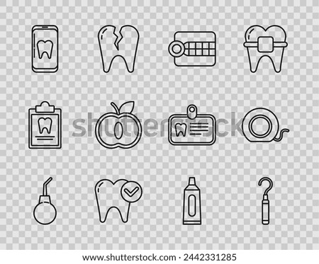 Set line Enema pear, Dental explorer scaler for teeth, Dentures model, Tooth whitening concept, Online dental care, Apple, Tube of toothpaste and floss icon. Vector
