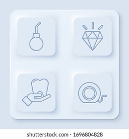 Set line Enema pear, Diamond teeth, Tooth and Dental floss. White square button. Vector