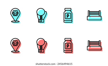 Set line Energy drink, Boxing helmet, glove and ring icon. Vector