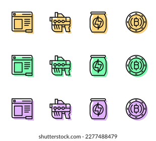 Set line Energy Drink, Browser-Fenster, Futuristische Waffe und Kryptowährungsmünze Bitcoin Symbol. Vektorgrafik
