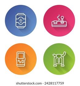 Set line Energy drink, Gamepad, Tetris and Viking horned helmet. Color circle button. Vector
