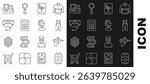Set line Energy drink, Ray gun, Pants with suspenders, Crossword, Calculator, Virtual reality glasses, Monitor keyboard and Earth globe icon. Vector