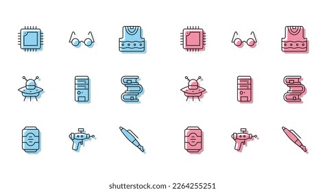 Set Line Energy Drink, Ray gun, Prozessor mit CPU, Füllfedernib, Computer, Buch, UFO fliegende Raumschiff und Eyeglasses Symbol. Vektorgrafik