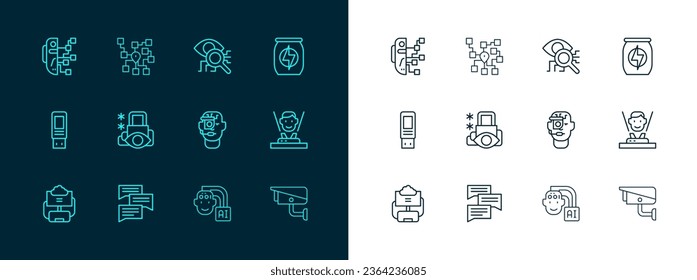 Set line Energy drink, Speech bubble chat, Smart glasses on spectacles, Humanoid robot, Cyber security, Eye scan,  and Neural network icon. Vector