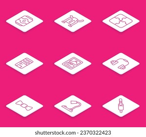 Set line Energy drink, Viking horned helmet, Piece of puzzle, Computer, Card game, Headphones, Bow tie and Table lamp icon. Vector