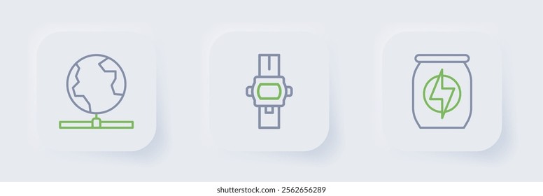 Set line Energy drink, Wrist watch and Global technology icon. Vector