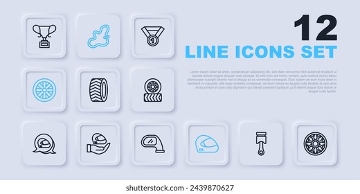 Set line Engine piston, Alloy wheel for car, Car tire, Racing helmet, track and mirror icon. Vector
