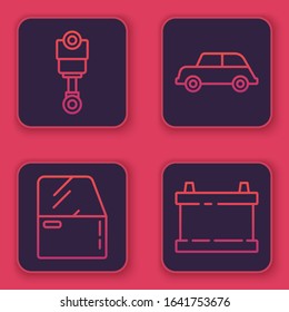 Set line Engine piston, Car door, Car and Car battery. Blue square button. Vector
