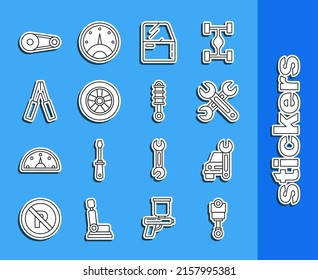 Set line Engine piston, Car service, Wrench, door, wheel, battery jumper power cable, Timing belt kit and Shock absorber icon. Vector