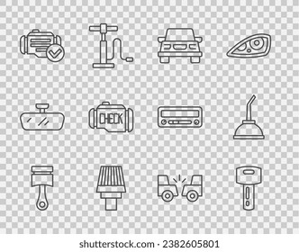 Set line Engine piston, Car key with remote, air filter, Check engine, accident and Canister for motor machine oil icon. Vector