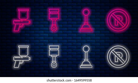 Ajuste la línea del pistón del motor, el selector de marchas, la pistola de pintura y la opción Sin estacionamiento o parada. Icono de neón brillante en la pared de ladrillo. Vector